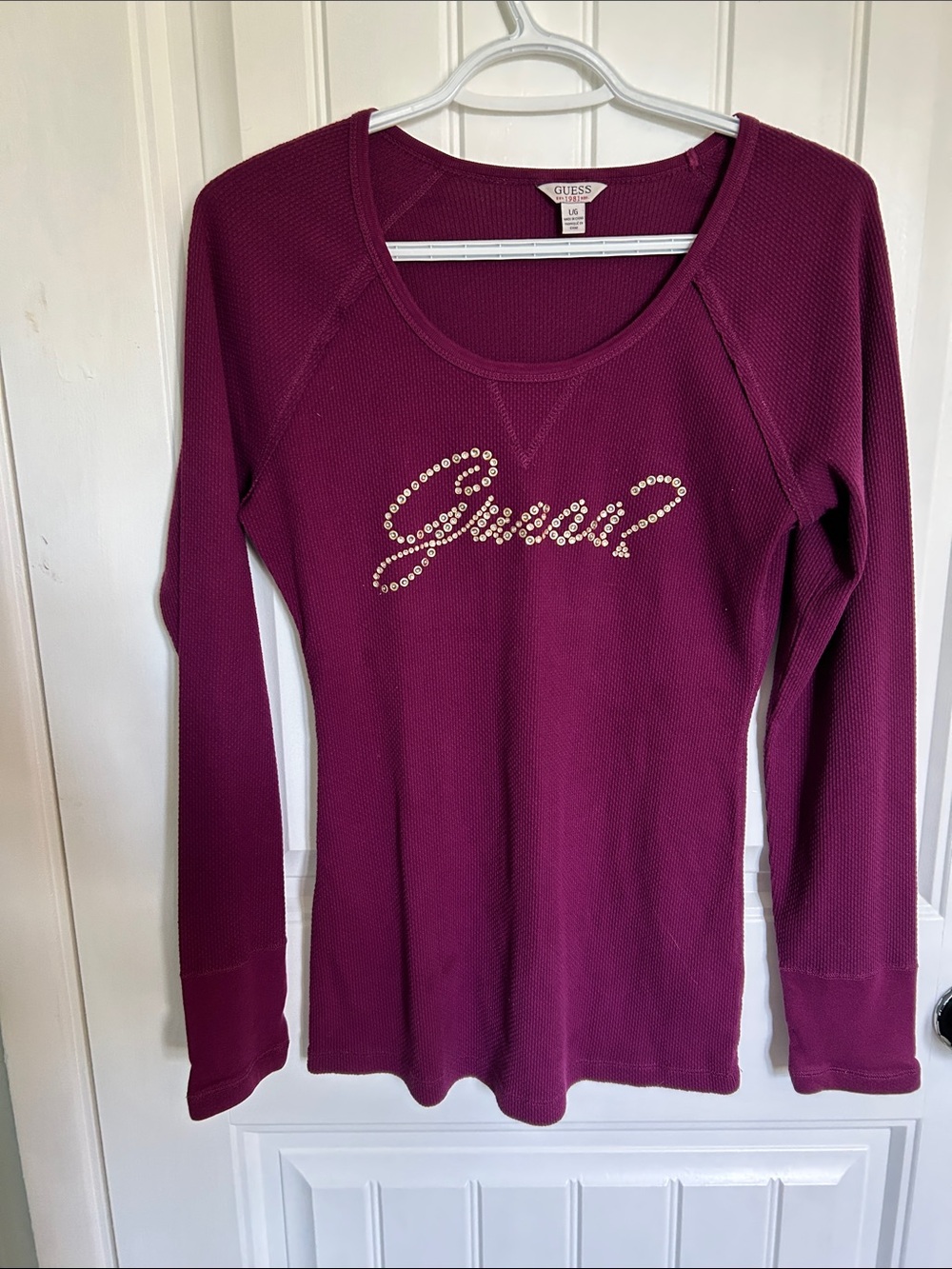 GUESS Plum Rhinestone Logo Waffle Knit Long Sleeve Top